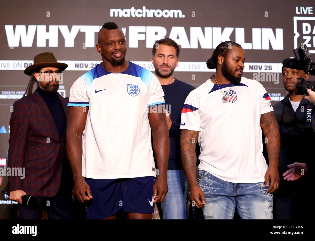 Dillian Whyte (left) wears an England shirt and Jermaine Franklin wears a  USA shirt during the weigh-in at The Drum Wembley, London. Picture date:  Friday November 25, 2022 Stock Photo - Alamy