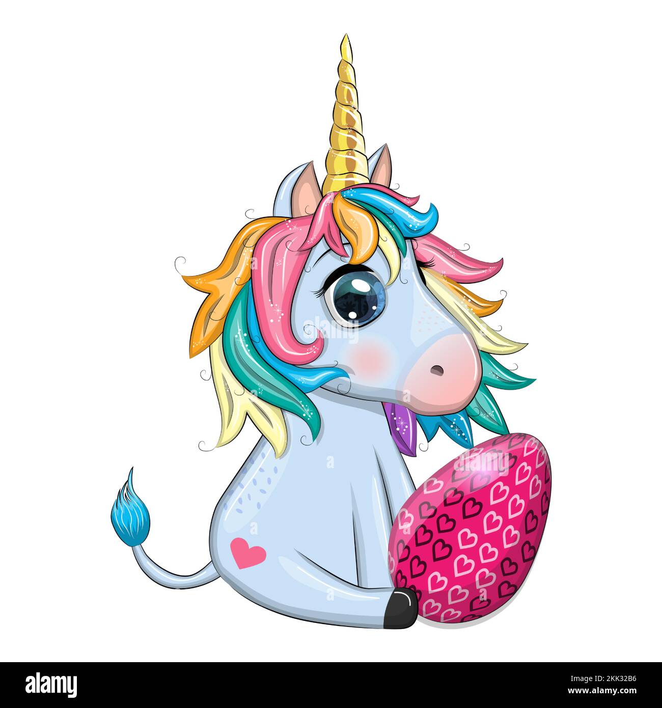 Easter unicorn cartoon character with easter egg, postcard Stock Vector