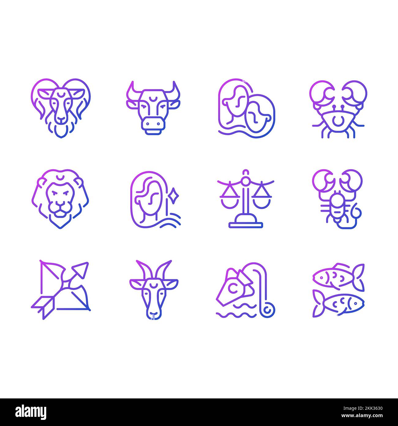 Astrological signs pixel perfect gradient linear vector icons set Stock Vector