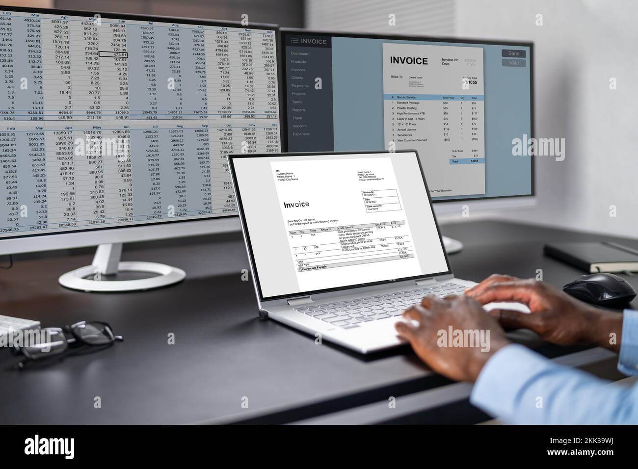 Spreadsheet Analyst Employee Worker. Medical Report On Computer Stock Photo