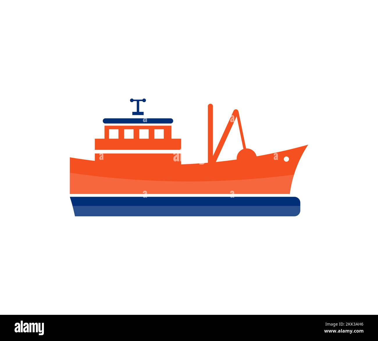 Fishing boat are returning after fishing to its port logo design. Fishing vessel, boat, sea vessel. Commercial fishing boat sailing  vector design. Stock Vector
