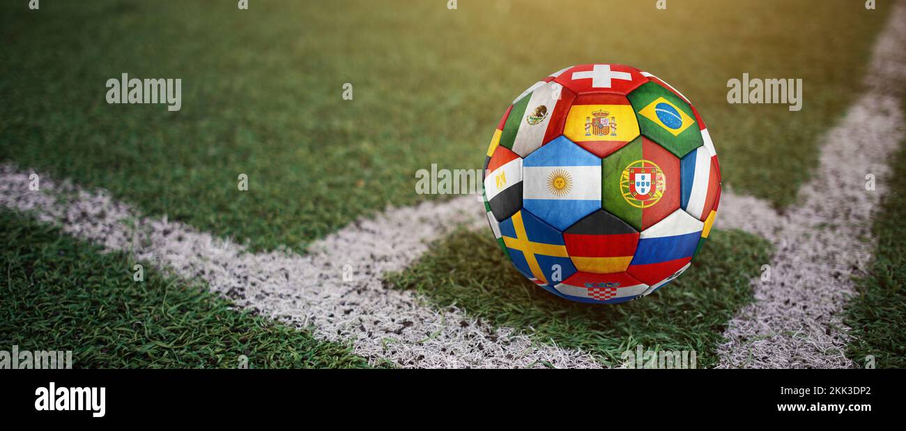 Soccer Football ball with flags of south america countries on the grass of football stadium. America championship 2021. 3d illustration Stock Photo