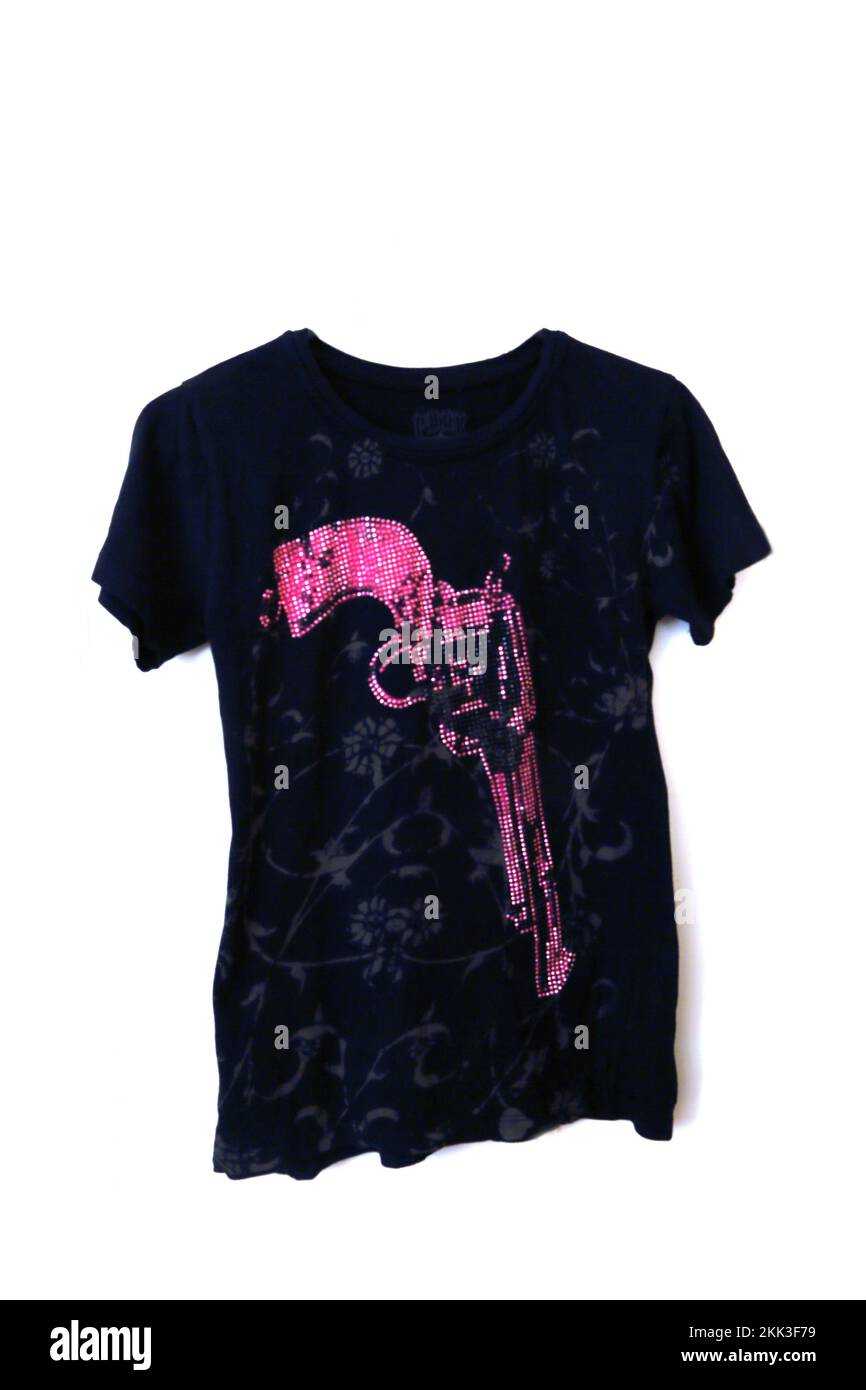 Black T-Shirt with Revolver in Pink Stones on the Front Stock Photo