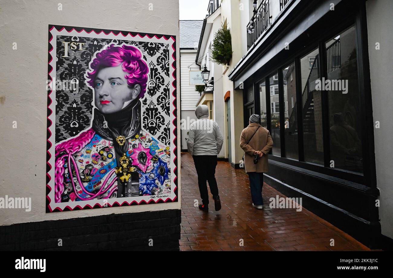 The naughty Prince Regent street art by The Postman in The Lanes Brighton , Sussex , England UK - Artist duo THE POSTMAN were formed in Brighton in 2018.   Photograph taken by Simon Dack Stock Photo
