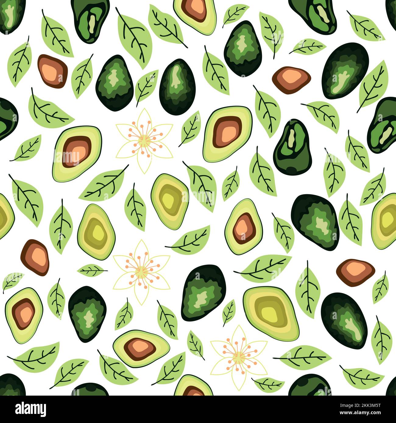 Avocado seamless pattern. Whole and sliced avocado with leaves and ...