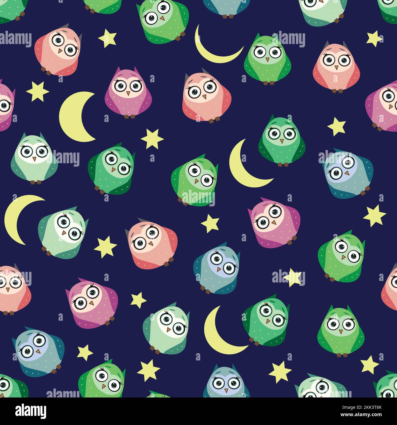 Cute multicolored owls at night with stars, clouds and moon. Seamless ...