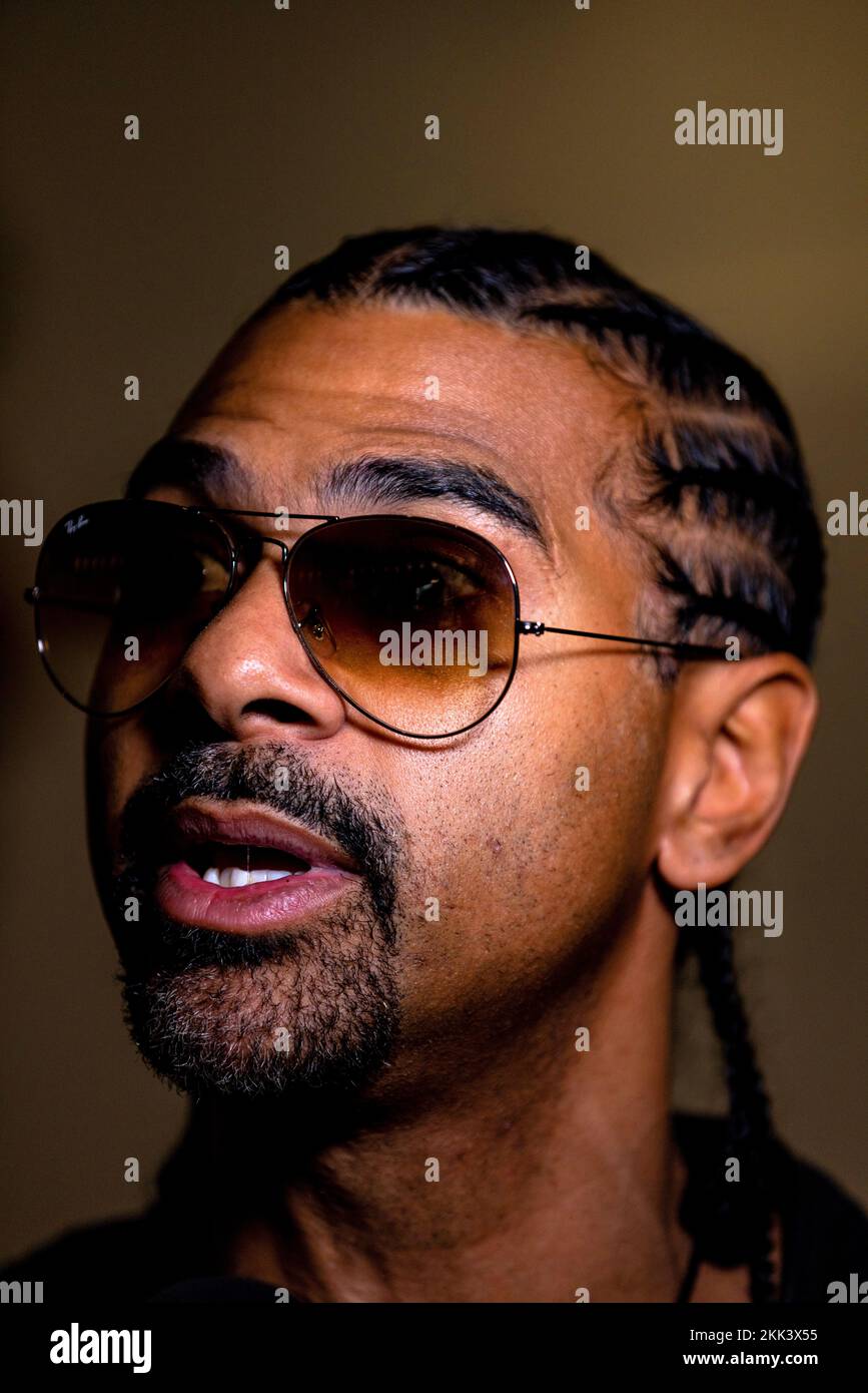 Former boxer David Haye talks to the media during weigh-in at The Drum Wembley, London. Picture date: Friday November 25, 2022. Stock Photo