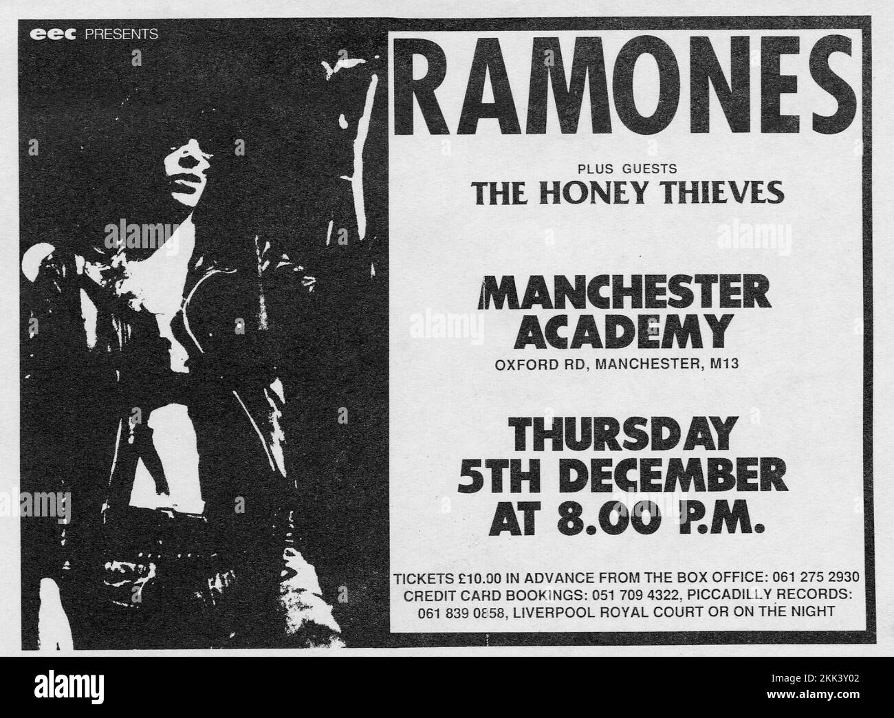 The Ramones, concert flyer.  Manchester Academy Oxford Road December 5th 1985. Support The Honey Thieves. Tickets £10 from Piccadilly Records.  Although The Ramones were by this time struggling to sell lots of records they still had a good hard core following to support touring, as well as new generation of kids curious to see a Punk legend. Stock Photo