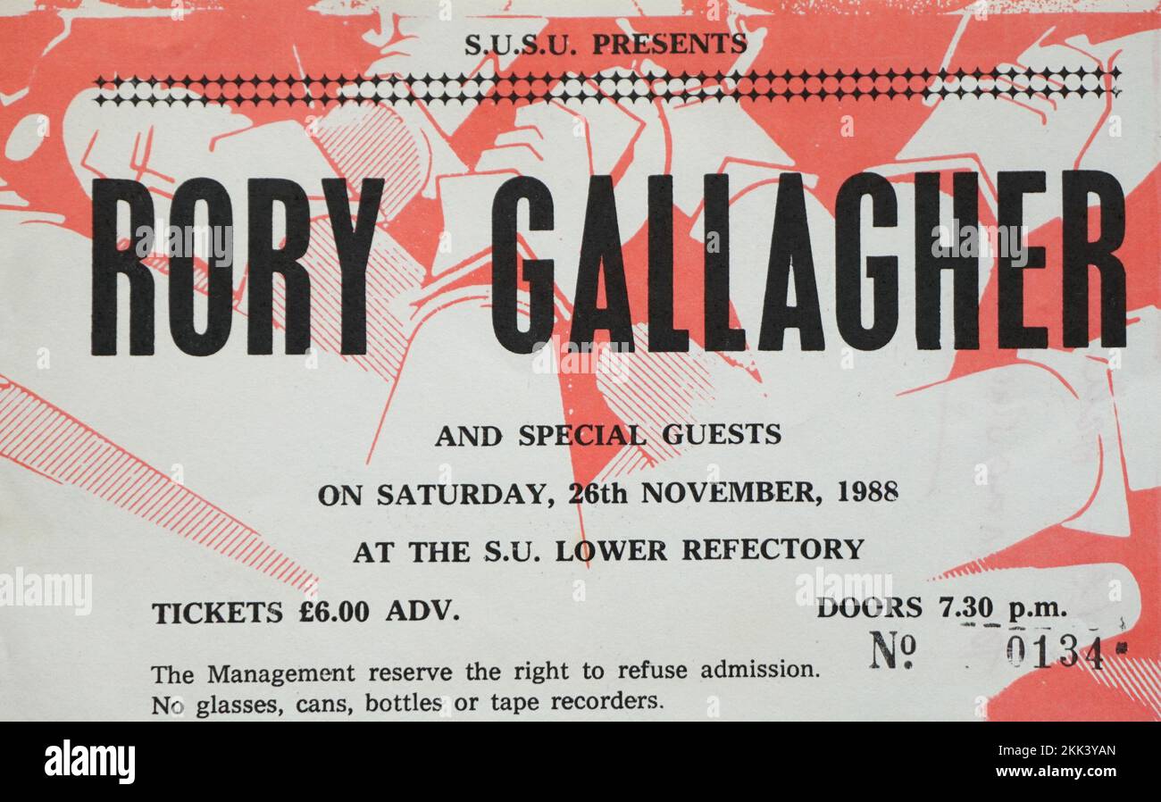 Renowned Irish rock guitarist Rory Gallagher, playing at Sheffield University Students Union, Lower Refectory. Saturday November 26th 1988. Tickets £6.00. Gallagher went solo with his own band after splitting from Taste in 1970, and usually played larger venues, but did this rare university tour.  Rock memorabilia is now very collectable. Stock Photo