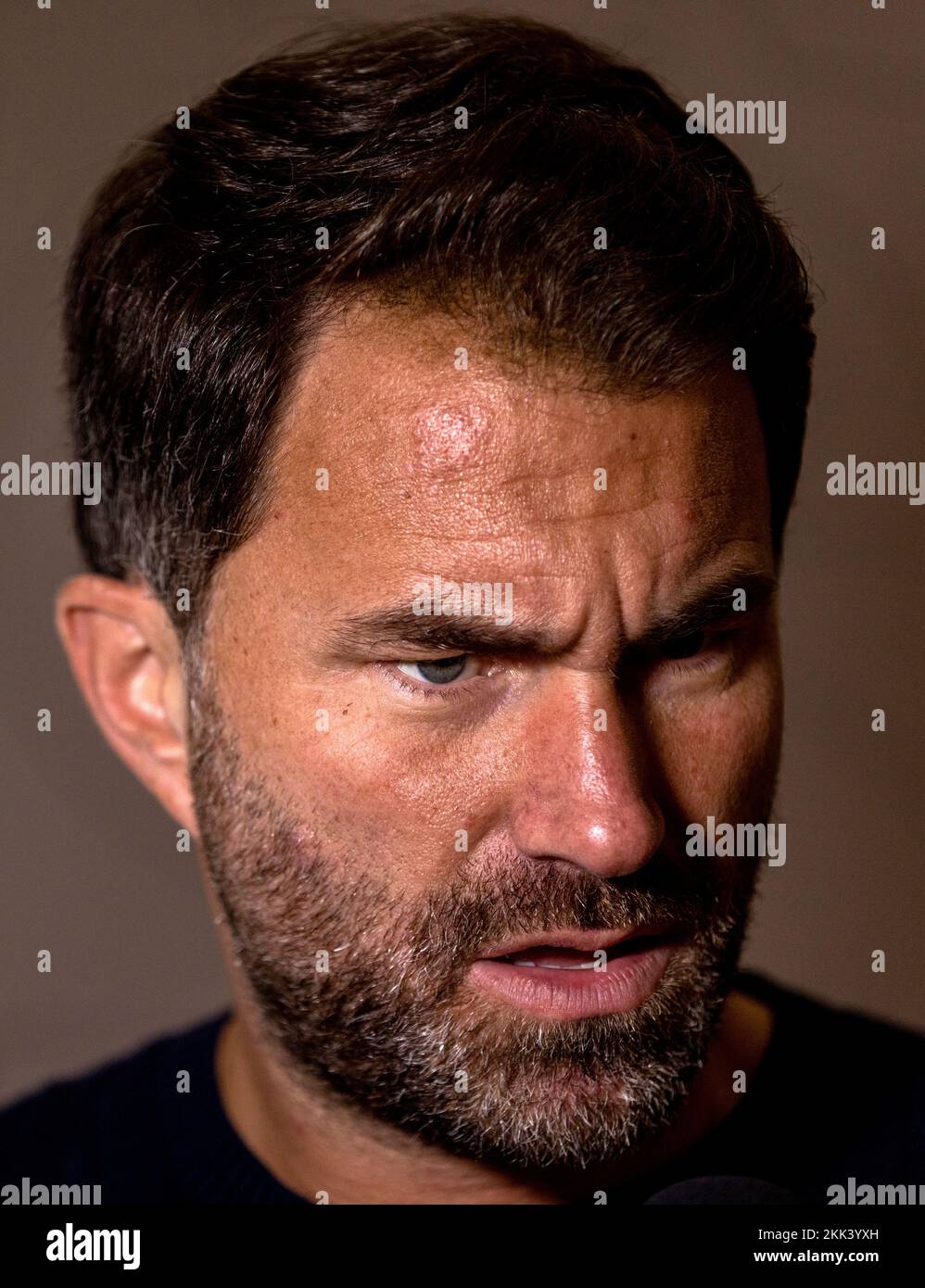 Boxing promoter Eddie Hearn talks to the media during the weigh-in at The Drum Wembley, London. Picture date: Friday November 25, 2022. Stock Photo