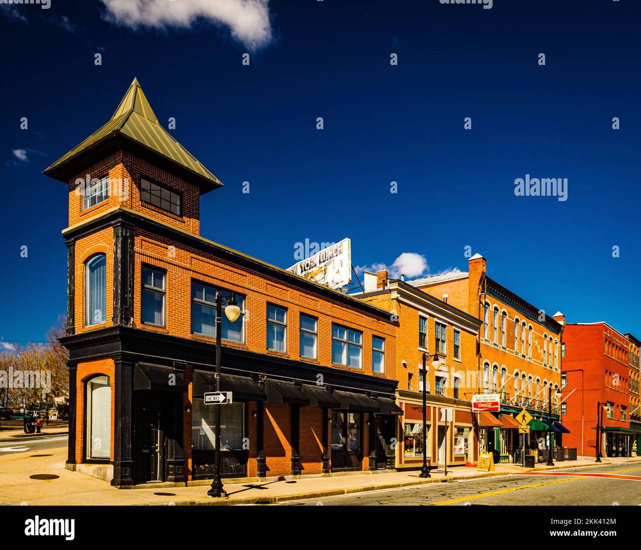 Brick Buildings Main Street from Hanora Mills   Woonsocket, Rhode Island, USA Stock Photo