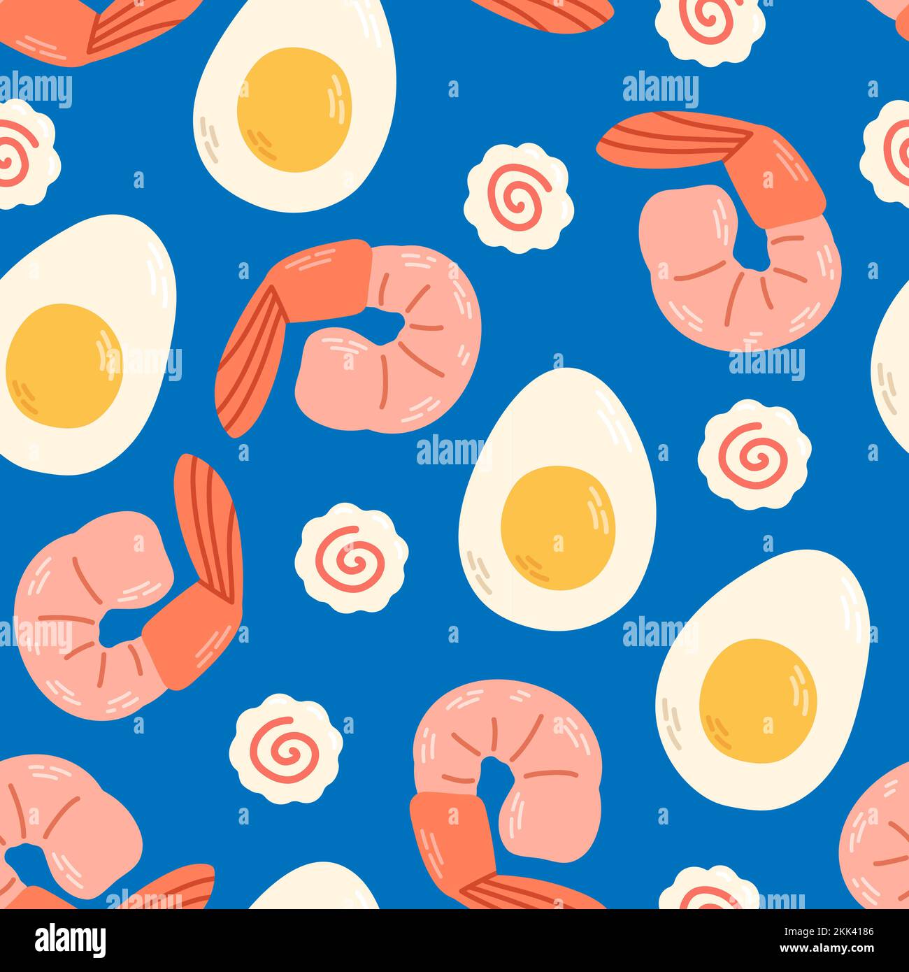 Shrimps egg narutomaki seamless pattern on blue background vector Stock Vector