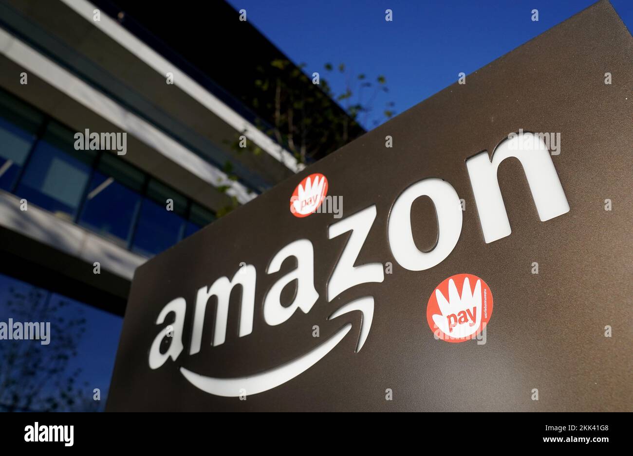 Stickers which were placed on the Amazon logo during a protest outside