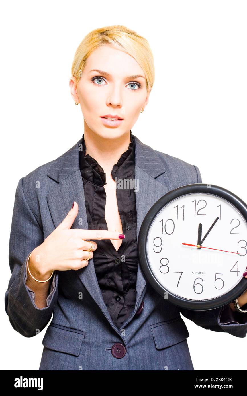 Stressed Timekeeping Business Woman Holding Clock Just Before The