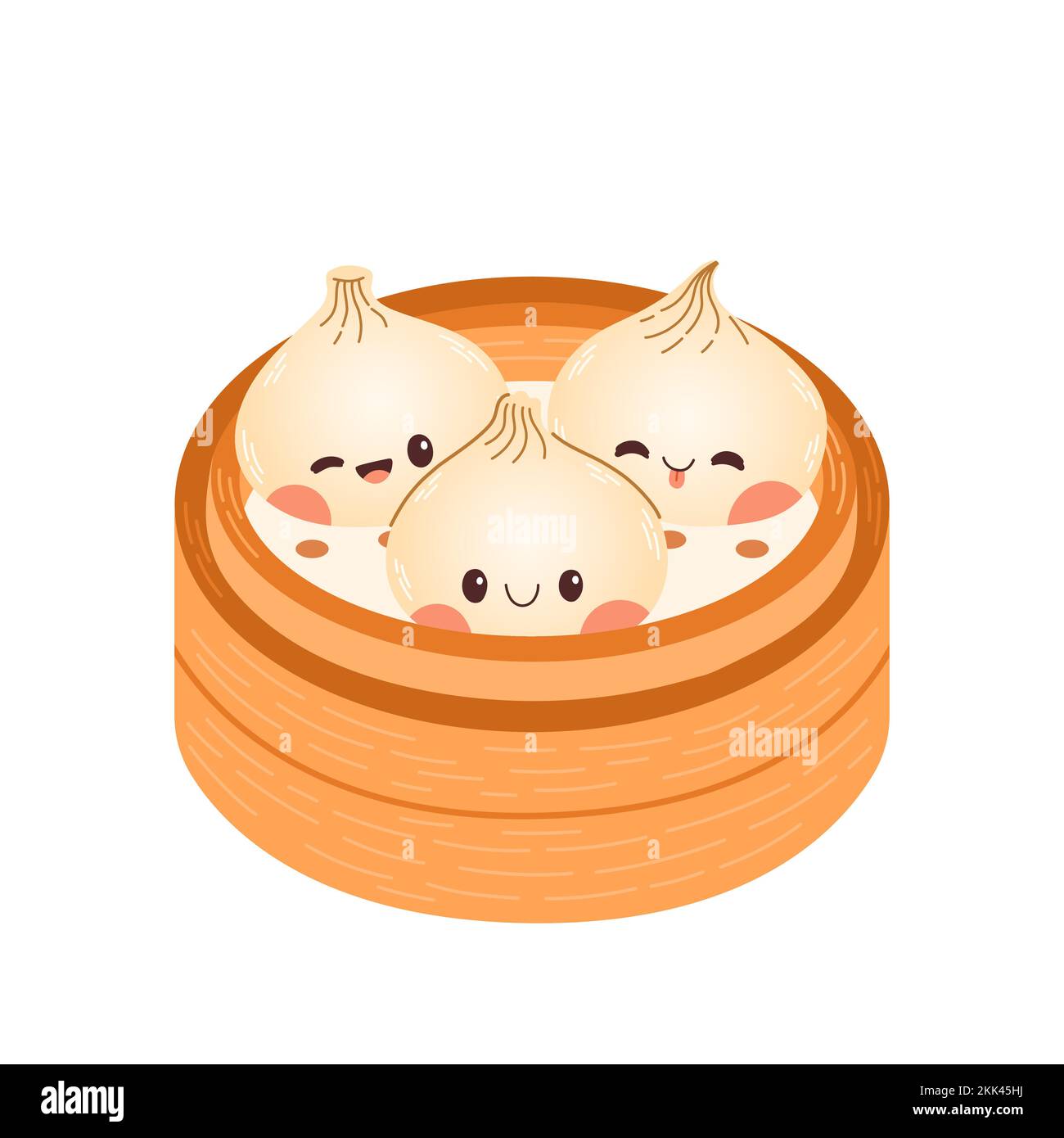 Cute cartoon dumplings vector drawing. Traditional Japanese dumplings with funny smiling faces. Kawaii asian food vector Stock Vector