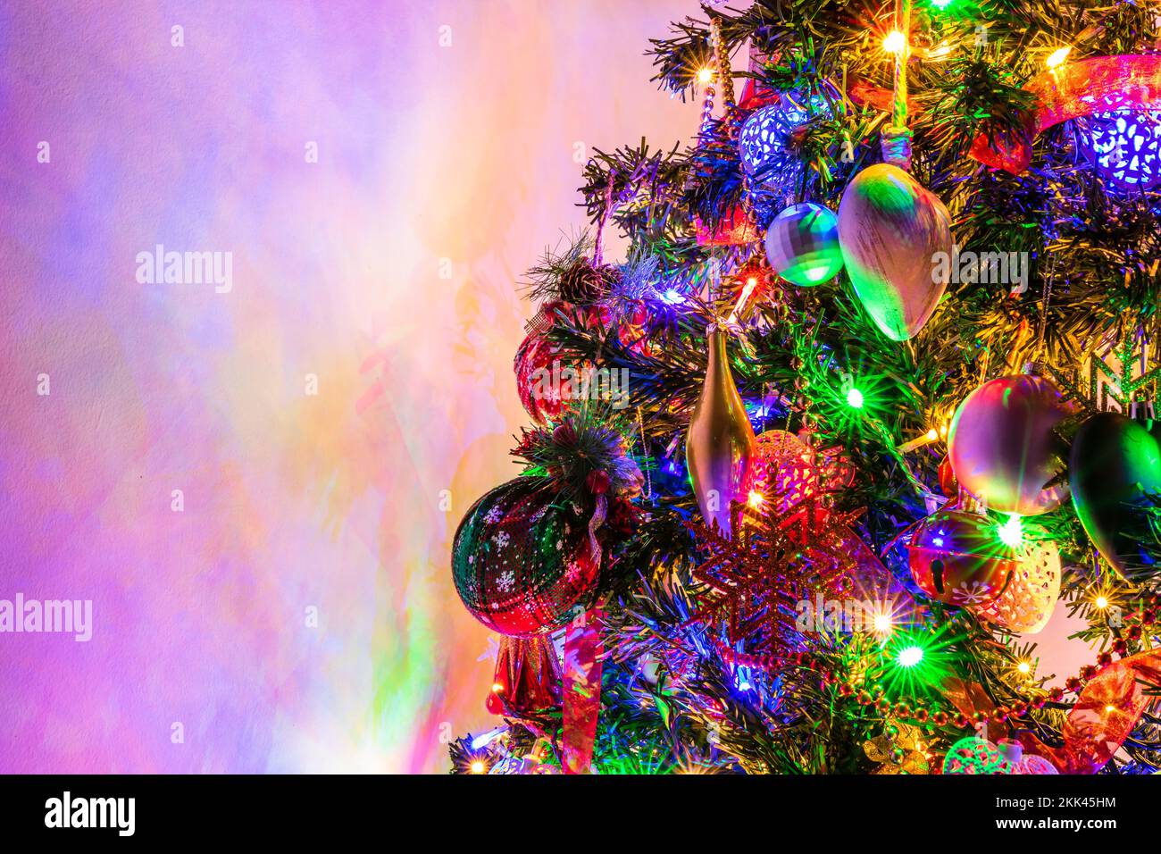 Christmas tree decorations with Christmas lights Stock Photo - Alamy