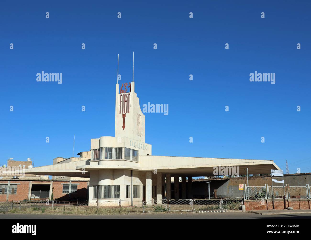 Iconic art deco style Fiat Tagliero petrol station built by the Italians in Asmara Stock Photo