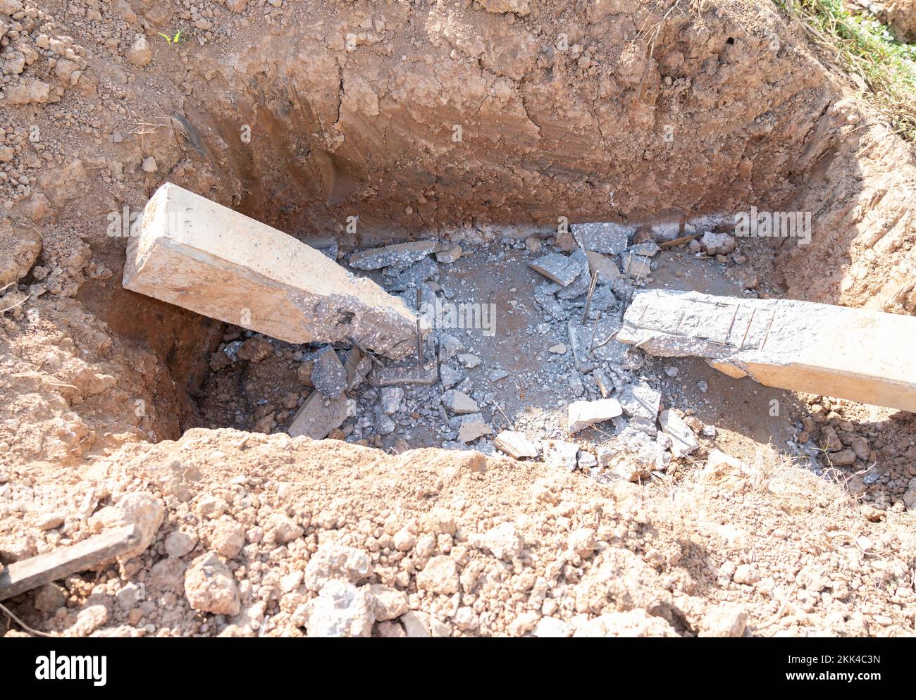 Pile's cut off level.Construction of pile foundation. Steel bar structure concrete pile for of
