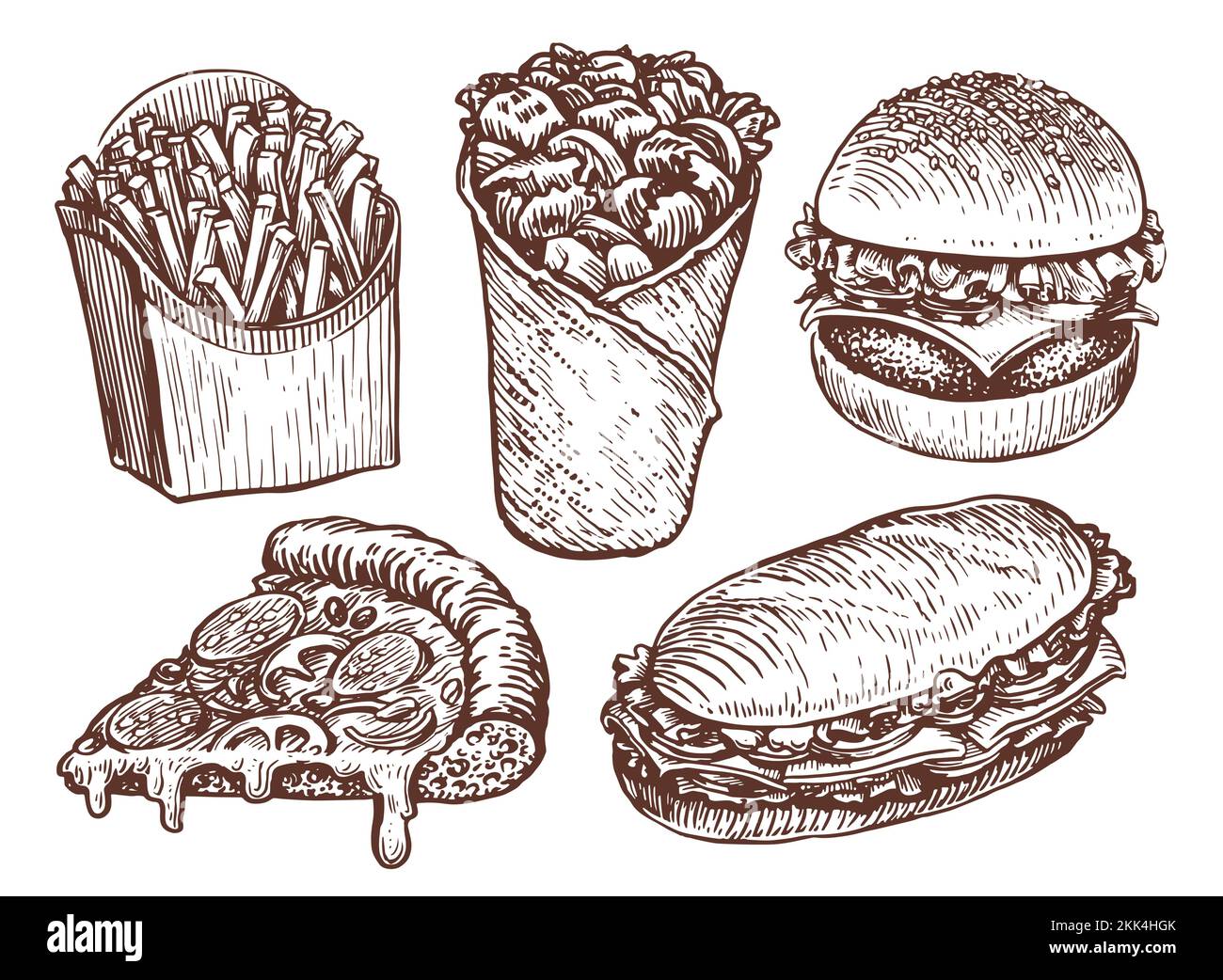 Fast food products. Fries, burrito, burger, sandwich, pizza sketches. Restaurant or diner menu set. Vector illustration Stock Vector