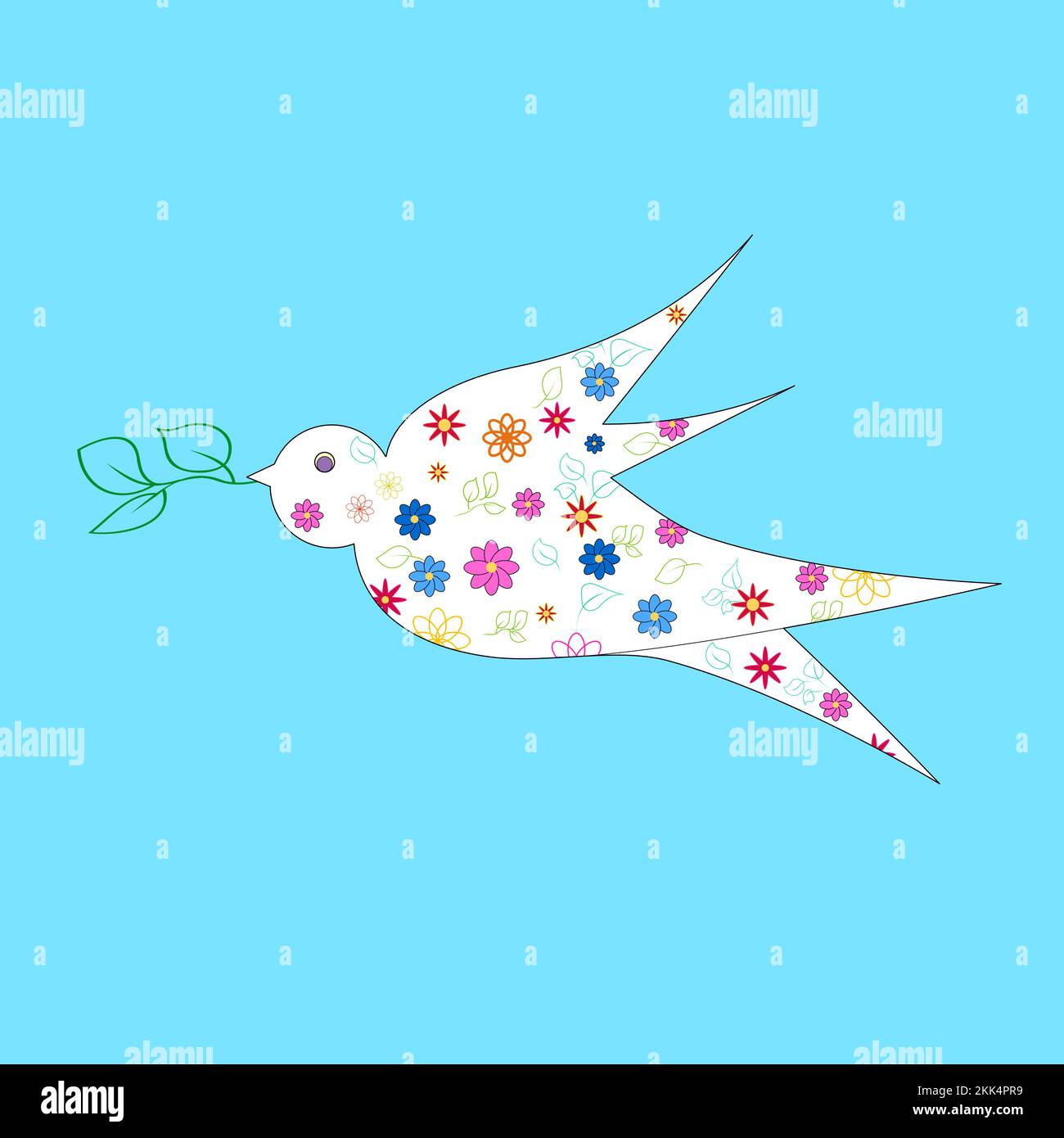 A swallow with a floral print holds a green twig in its beak. Vector drawing. The concept of the arrival of spring and peace. Stock Vector