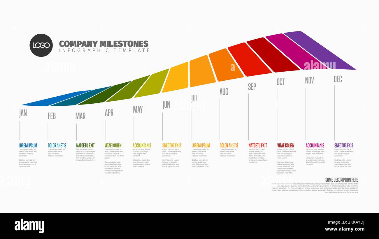 Full year timeline template with all rainbow colored months on a