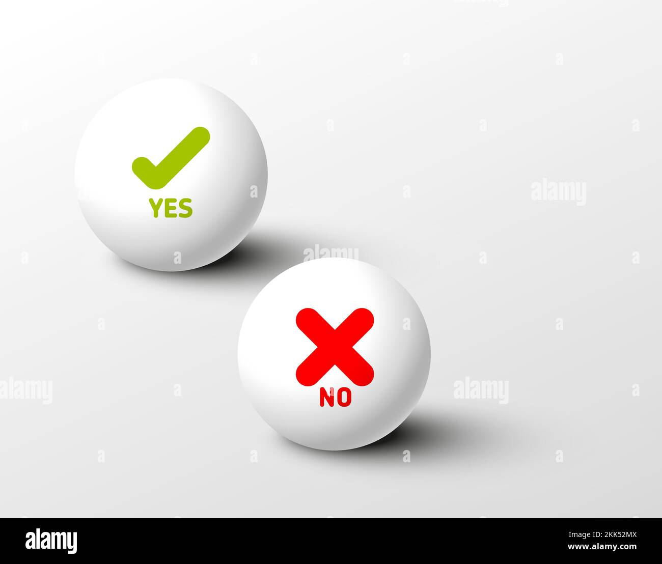 Set of fresh minimalist icons for various status - yes, no, accept, cancel in light ball spheres on light gray gradient background - green and red col Stock Vector