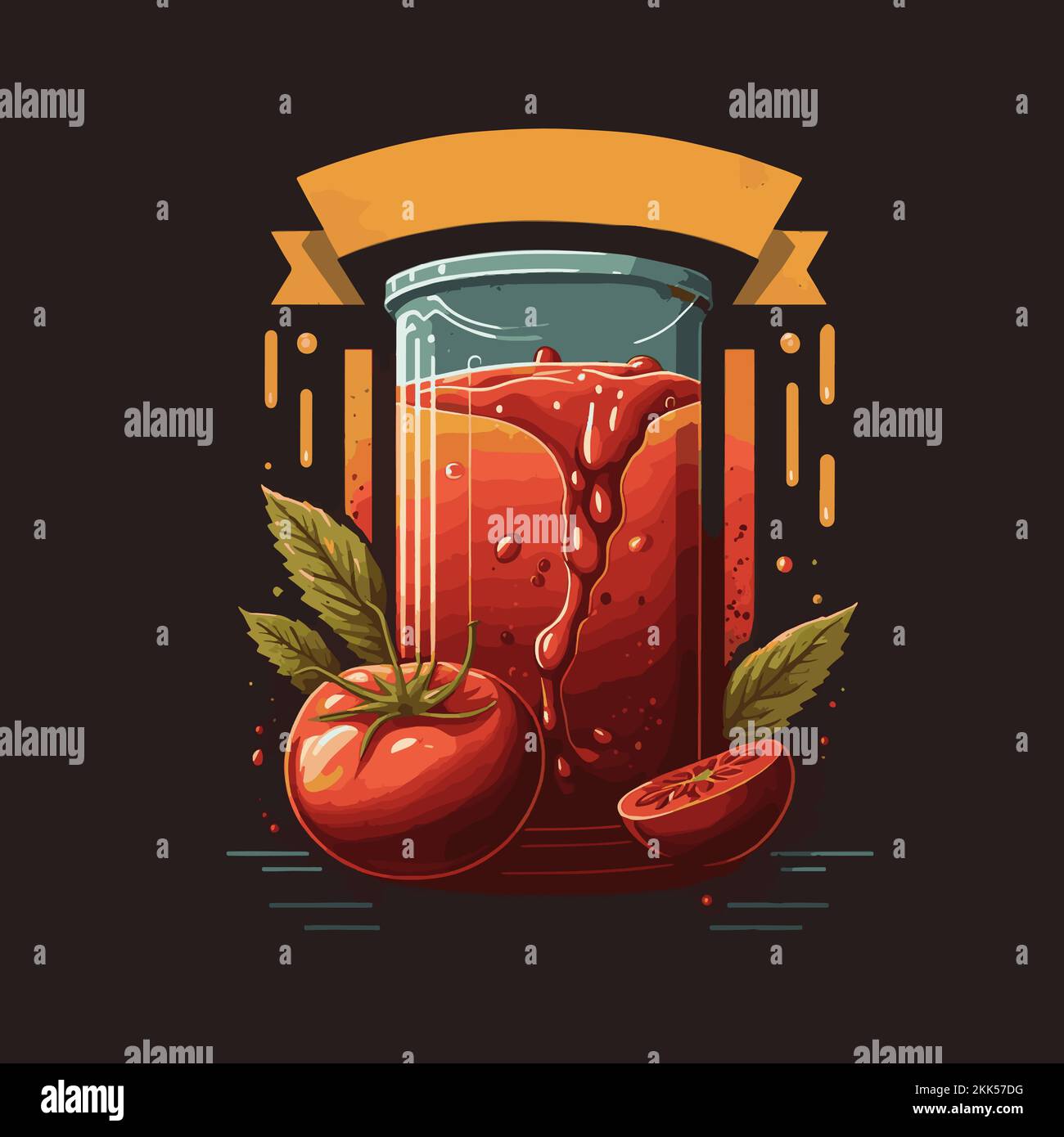 Vector Hand Drawn Illustration of Red tomato juice glass with whole