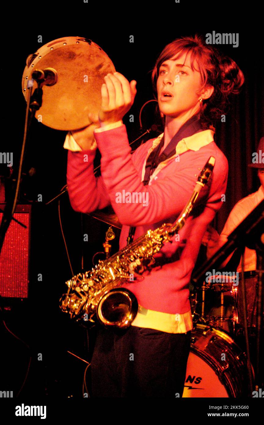 Abi Harding, saxophonist with THE ZUTONS at Cardiff Welsh Club