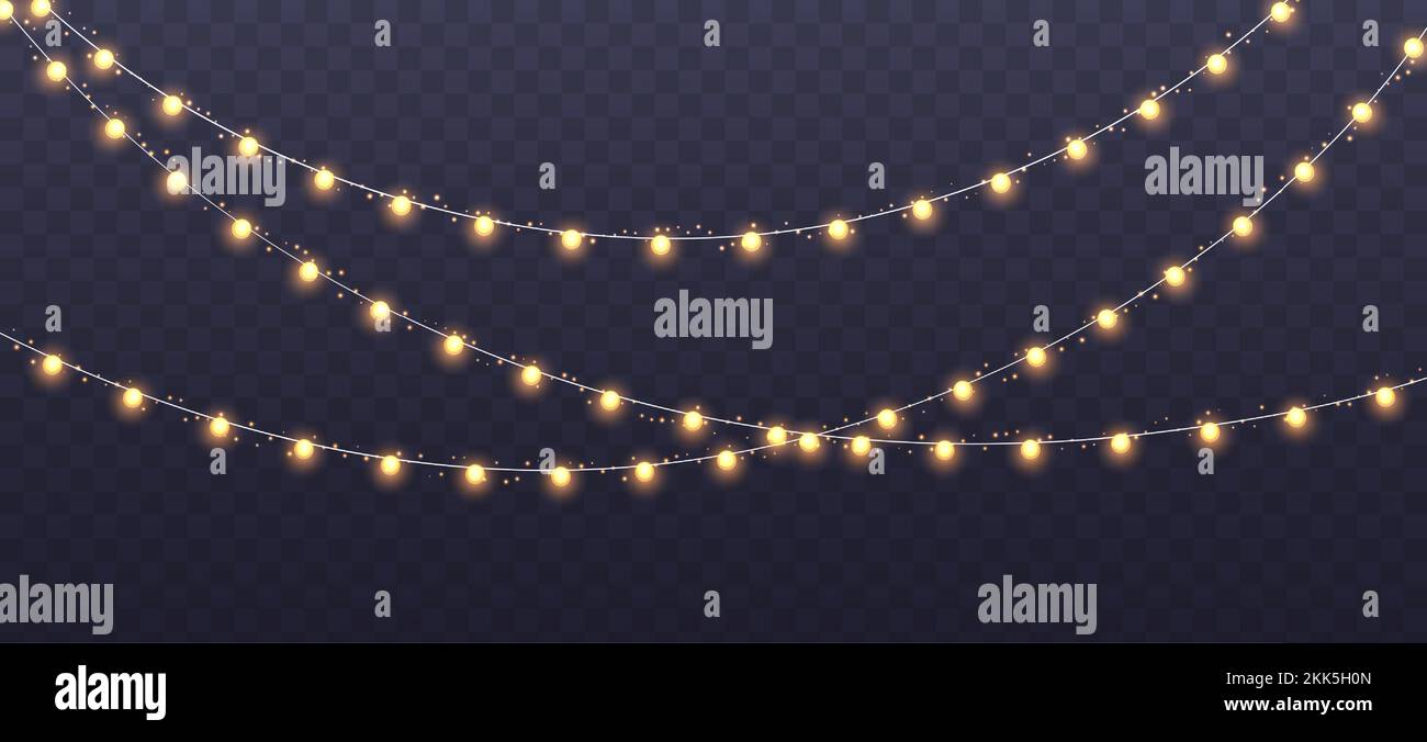 Christmas garland isolated on transparent background. Glowing yelllow light bulbs. Stock Vector