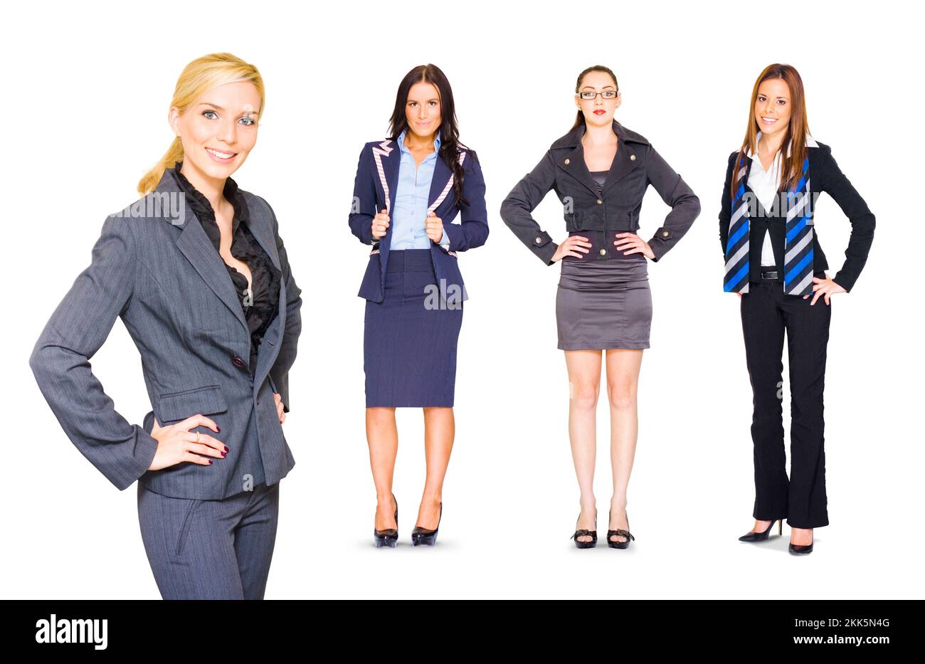 Happy Smiling Professional Team Of Four Young Female Business People Standing Confidently In Full Body And Half Body Portraits, Isolated Over White Ba Stock Photo