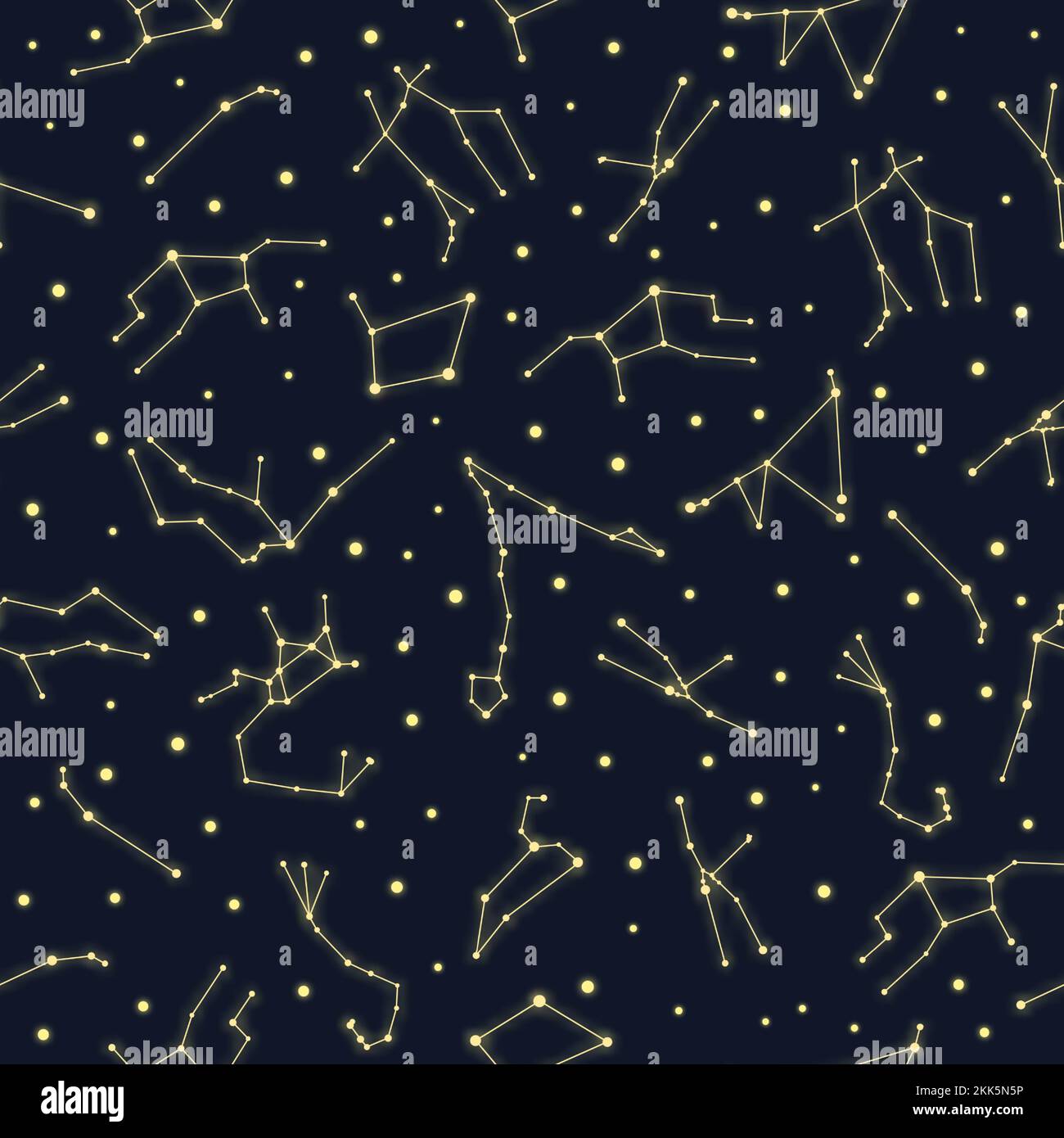Yellow glowing zodiac star constellations seamless pattern. Stock Vector