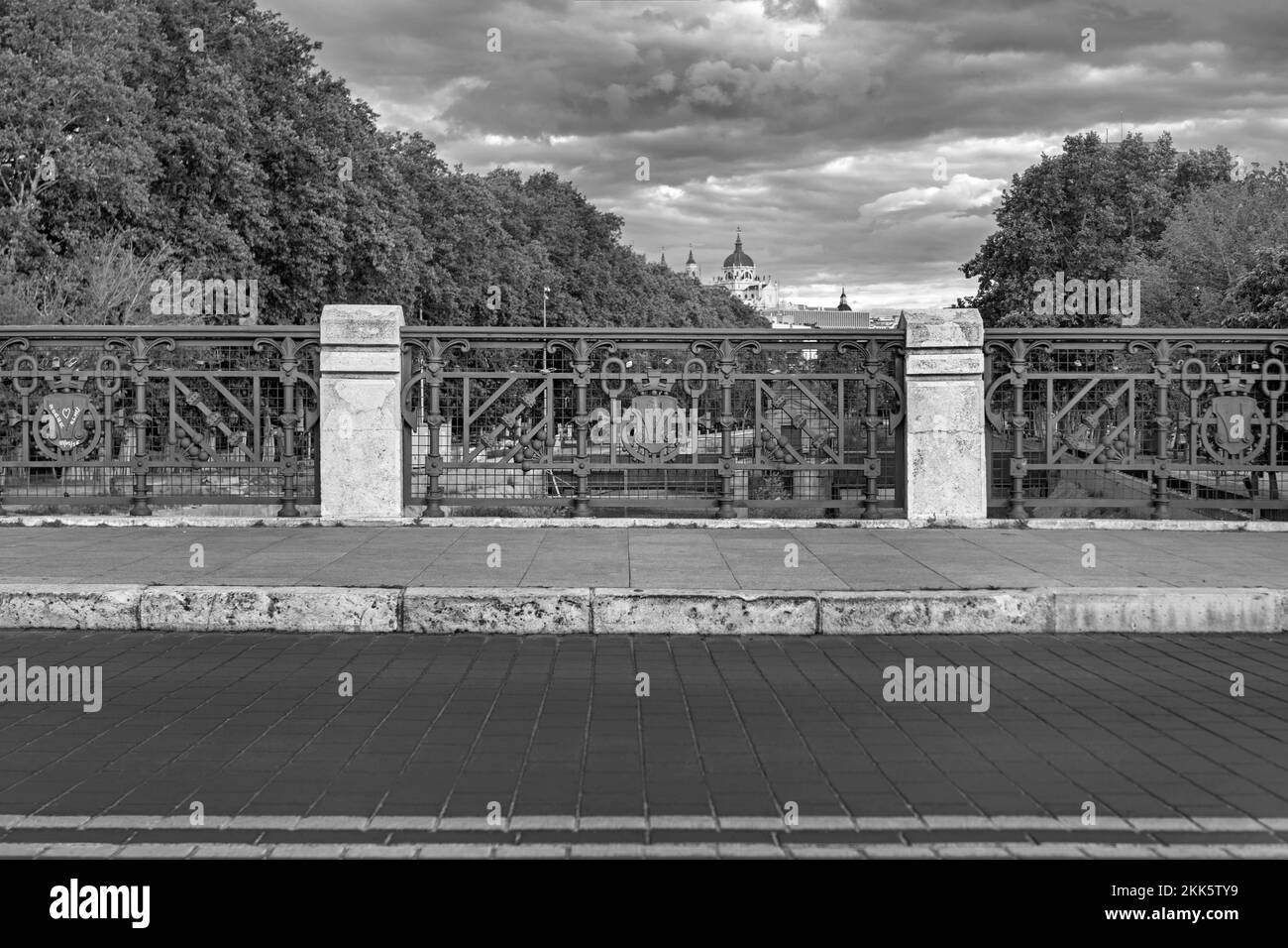 Black and white views of a bridge over the manzanares river with its trees and in the background the Almudena cathedral in Madrid, Spain Stock Photo