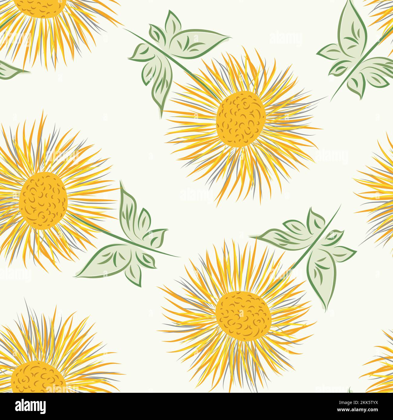 Inula flower seamless vector pattern background. Perennial cottage garden flowers yellow green backdrop. Giant Fleabane painterly geometric design Stock Vector