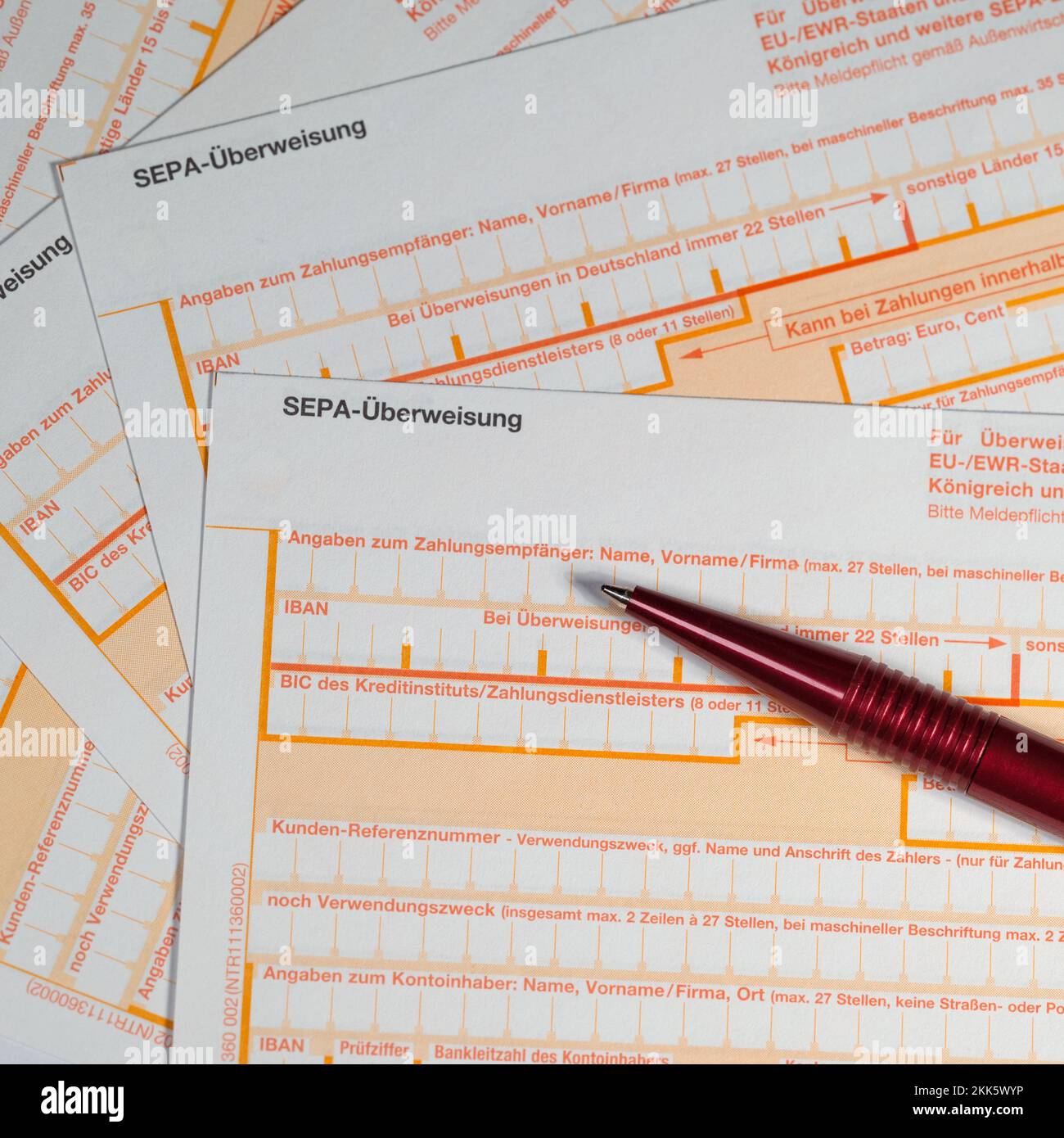 Transfer slip for money in Europe with the imprint 'SEPA-Überweisung',translation 'SEPA transfer' Stock Photo