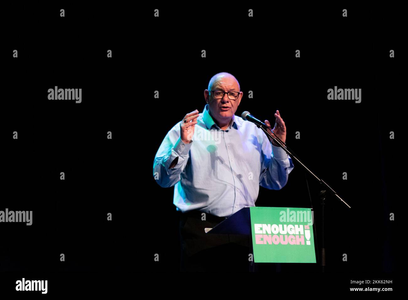 Dave Ward, General Secretary of the Communication Workers Union (CWU) trades union, speaking at a Enough is Enough protest rally in the Palace Theatre Stock Photo