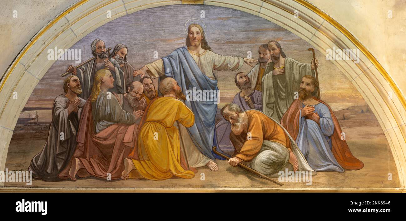 ANNECY, FRANCE - JULY 11, 2022: The  fresco of Apparition of resurrected Jesus to apostles in church Notre Dame de Lellis by J. Srellio (1948). Stock Photo