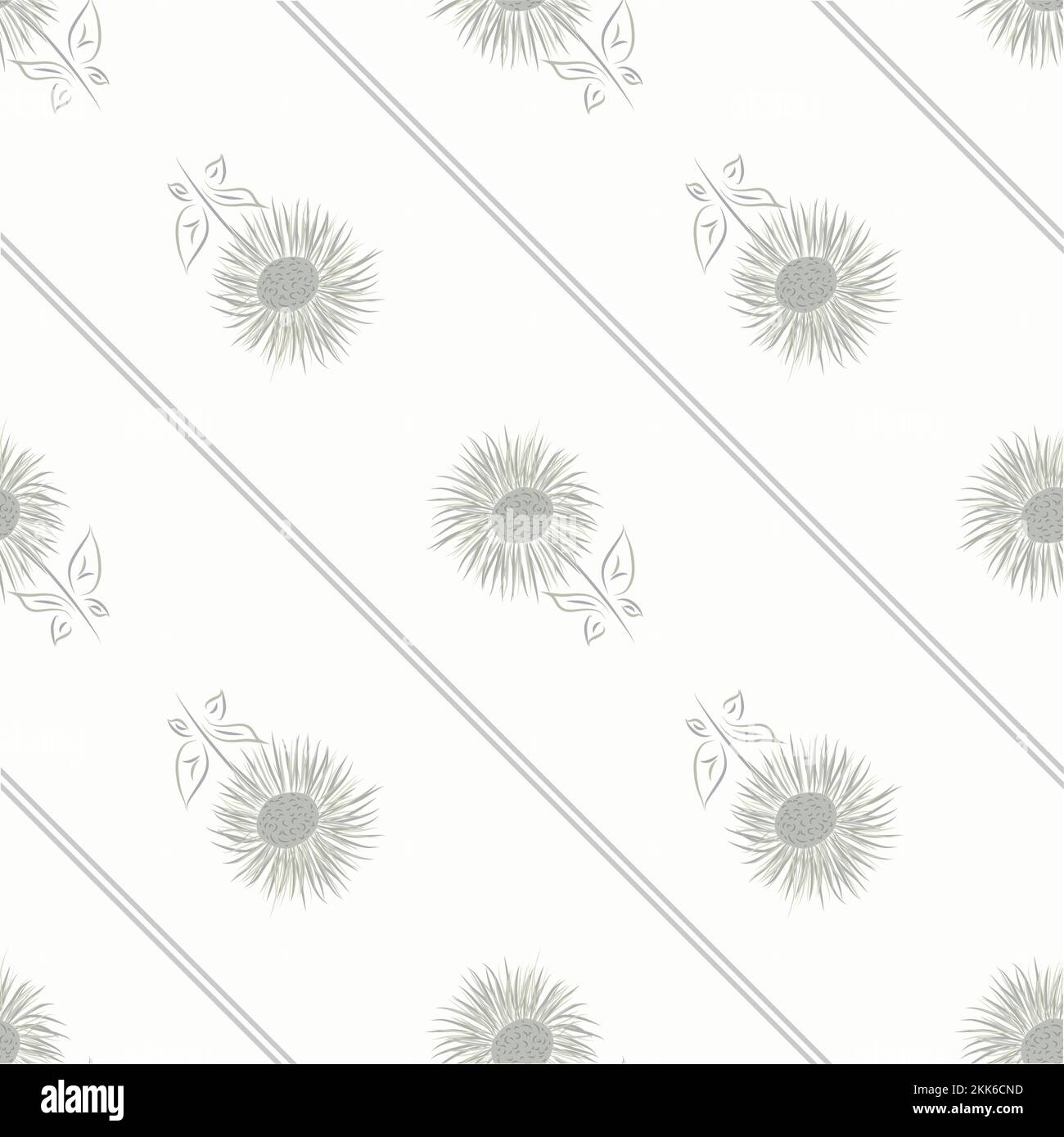 Inula flower seamless vector pattern background. Perennial cottage garden flowers neutral gray diagonal stripe backdrop. Giant Fleabane painterly Stock Vector