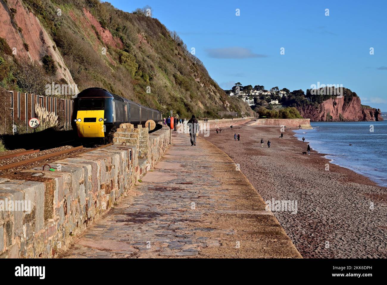 Intercity125 high speed train travelling along the seawall at Sprey ...