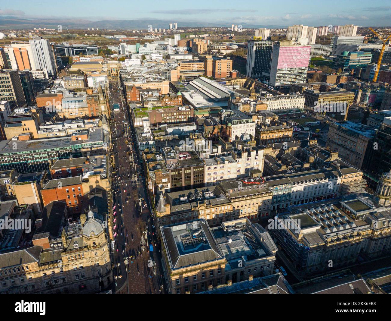 Aerial view from drone of Buchanan Street and skyline of Glasgow city centre, Scotland UK Stock Photo