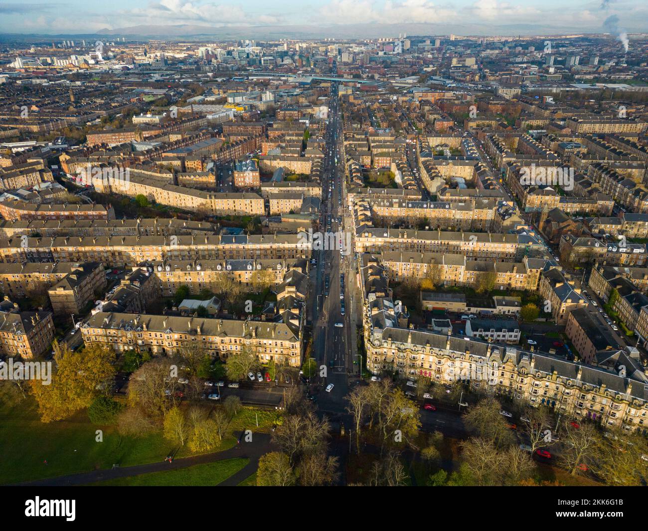 Aerial view from drone of Govanhill neighbourhood in Glasgow south side, Scotland UK Stock Photo