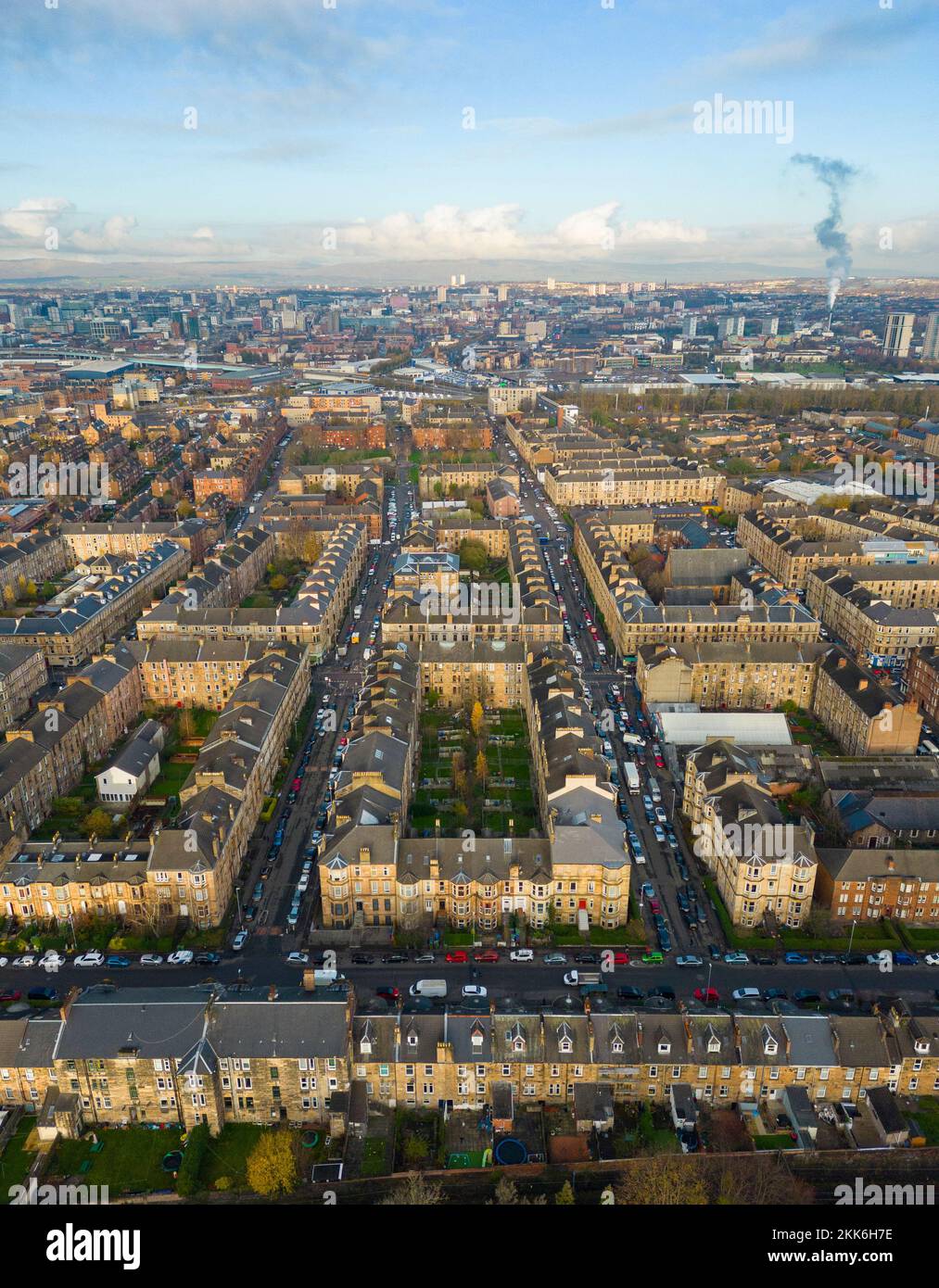 Aerial view from drone of Govanhill neighbourhood in Glasgow south side
