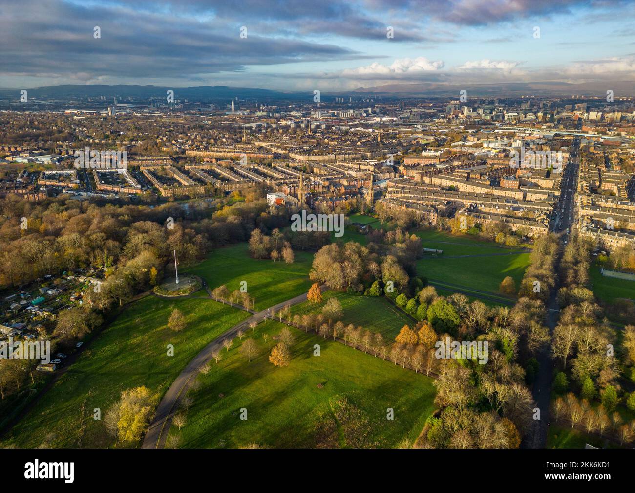 Aerial view from drone of Queens Park and Govanhill neighbourhood in Glasgow south side, Scotland UK Stock Photo