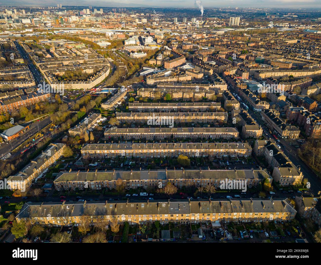 Aerial view from drone of  terraced housing in Strathbungo neighbourhood in Glasgow south side, Scotland UK Stock Photo
