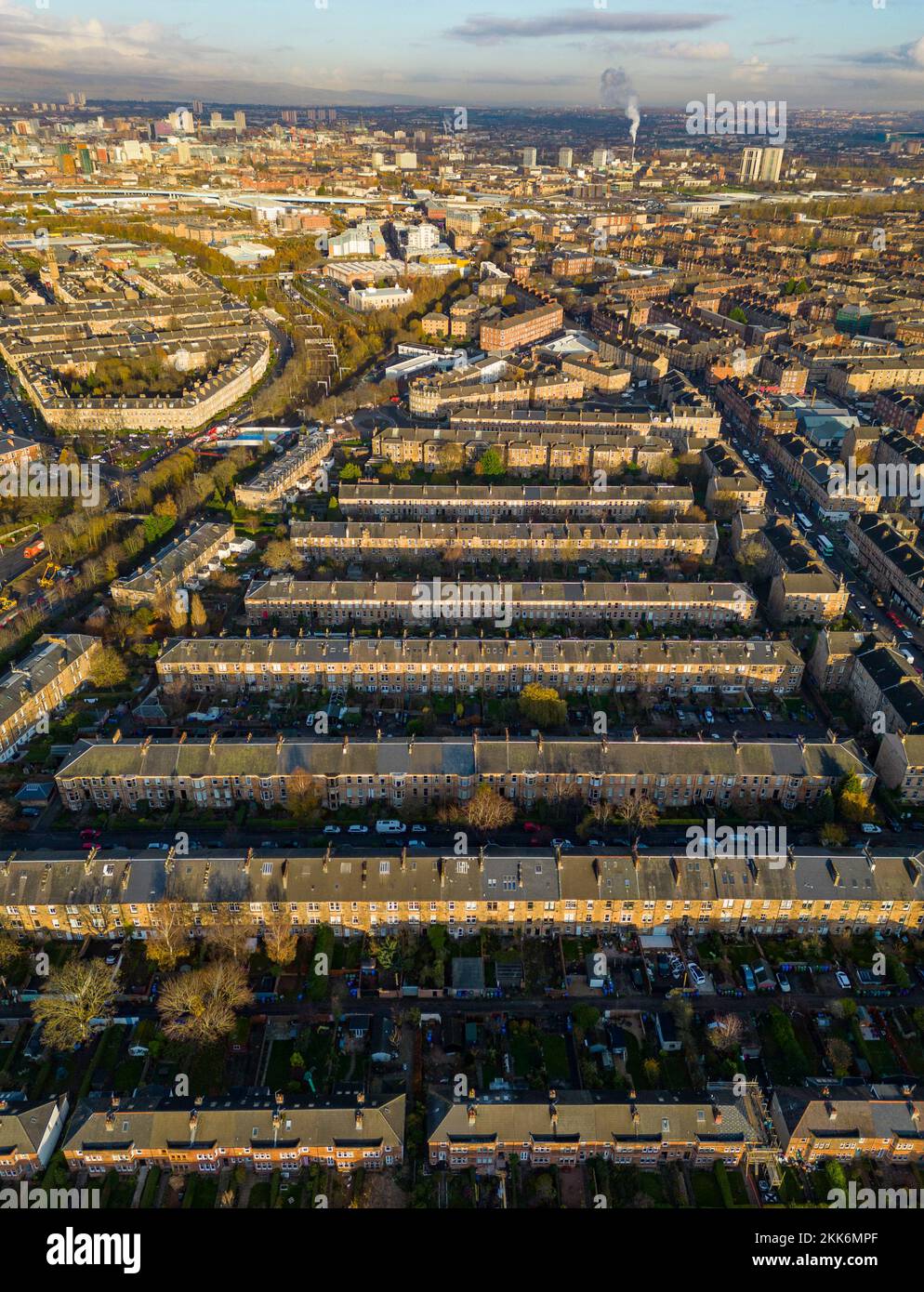 Aerial view from drone of  terraced housing in Strathbungo neighbourhood in Glasgow south side, Scotland UK Stock Photo