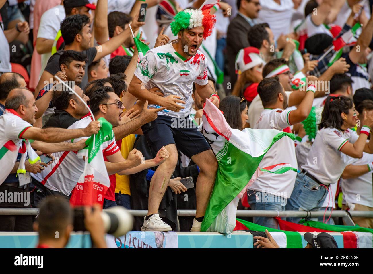 Ar Rayyan, Qatar. 25th Nov, 2022. Iranian fans celebrates scoring during the FIFA World Cup Qatar 2022 Group B match between Wales and Iran at Ahmad Bin Ali Stadium in Ar-Rayyan, Qatar on November 25, 2022 (Photo by Andrew Surma/ Credit: Sipa USA/Alamy Live News Stock Photo