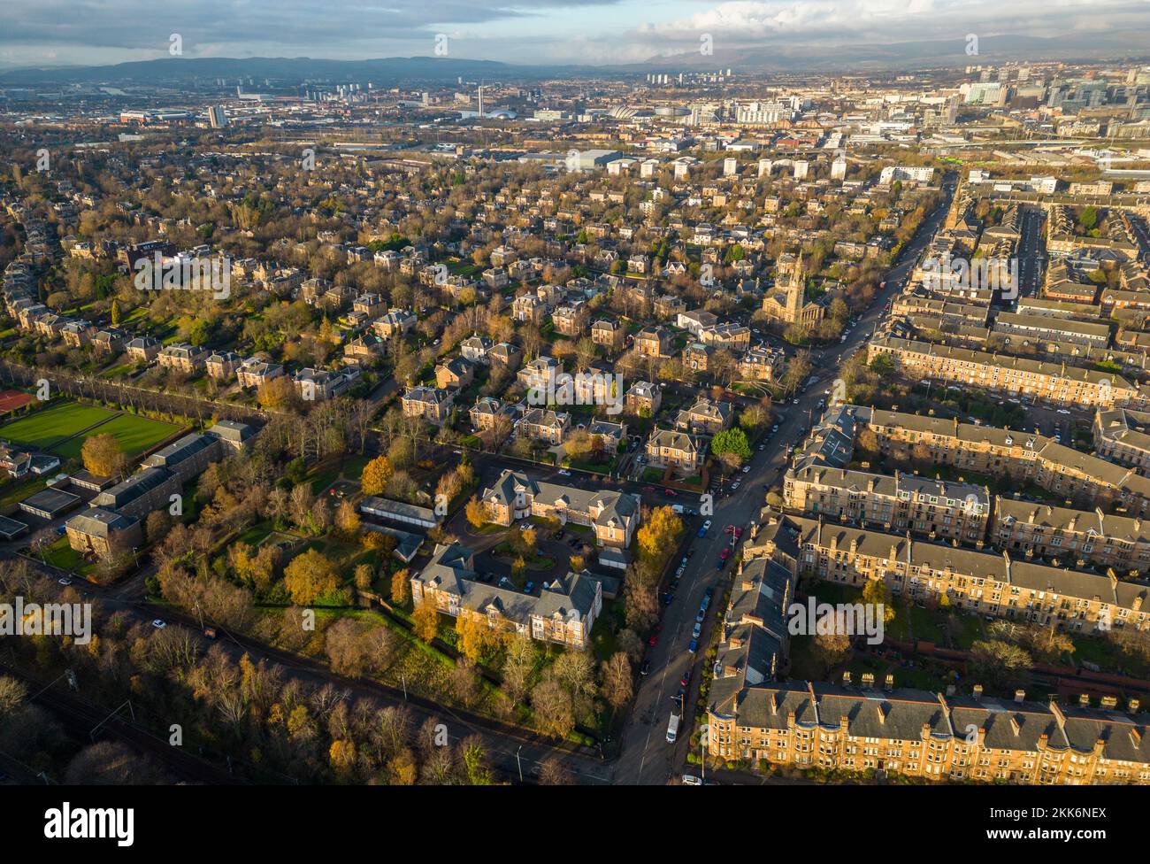 Aerial view from drone of housing in Pollokshields in Glasgow south