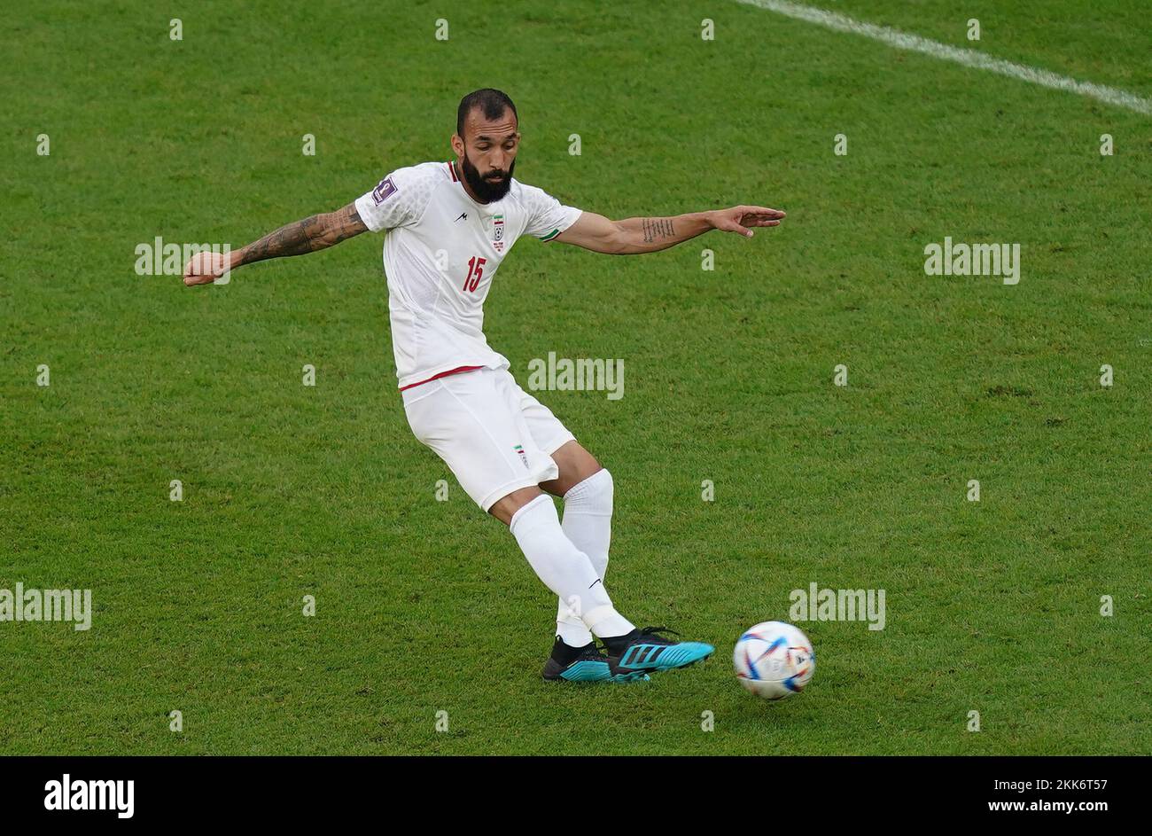 Iran's Roozbeh Cheshmi scores the opening goal during the FIFA World Cup Group B match at the Ahmad Bin Ali Stadium, Al-Rayyan. Picture date: Friday November 25, 2022. Stock Photo