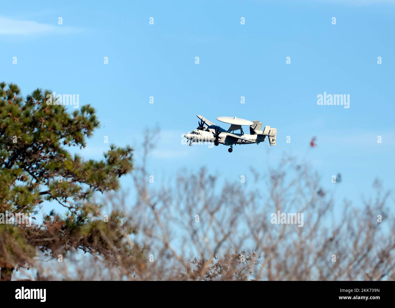 Northrop Grumman E-2 Hawkeye doing Navy Field Carrier Landing practice, at Wallops Flight Facility, Wallops Island, Virginia, Stock Photo