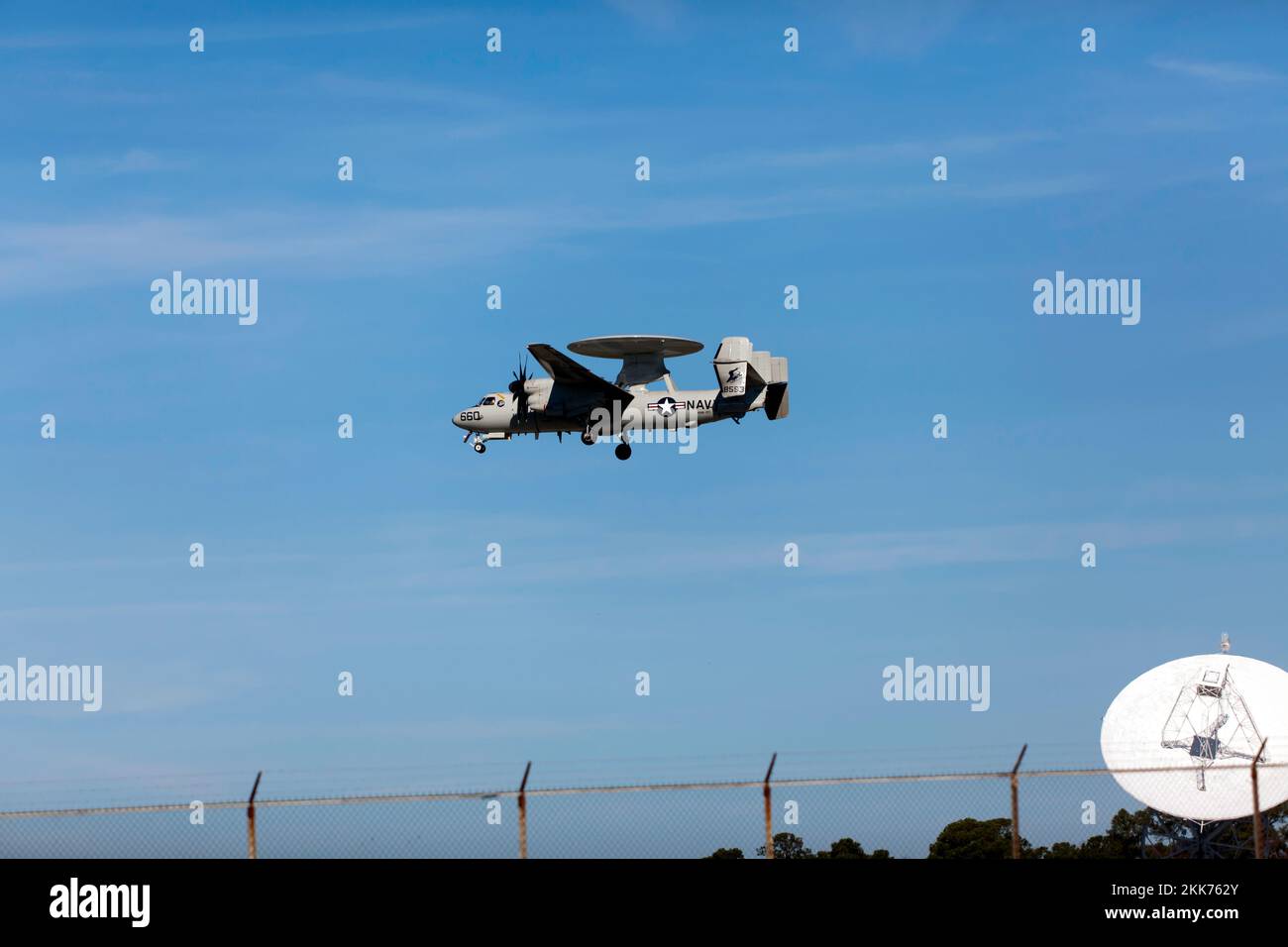 Northrop Grumman E-2 Hawkeye doing Navy Field Carrier Landing practice, at Wallops Flight Facility, Wallops Island, Virginia, Stock Photo