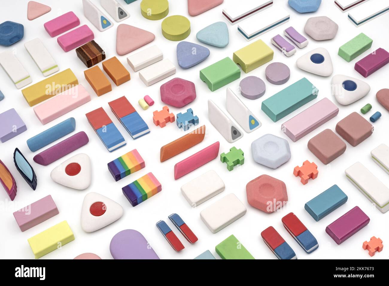 various shapes and colors of erasers arranged Stock Photo - Alamy